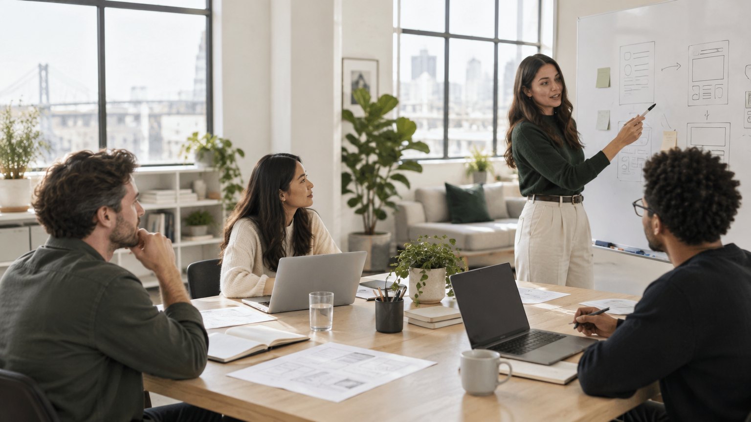 A product team collaborating in a light-filled studio